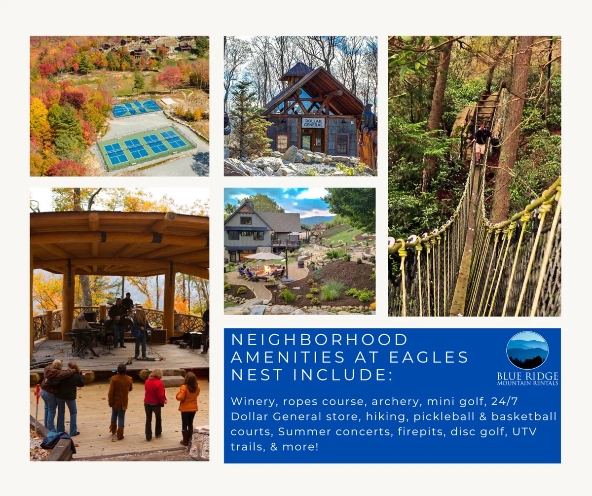 A vibrant outdoor scene showcasing the Great Camp area, including an outdoor stage with live performers, visible playground structures, mini-golf, ropes course, and adjacent courts for basketball and pickleball. Families and children can be seen enjoying various activities, contributing to the energetic, communal mood of the space.